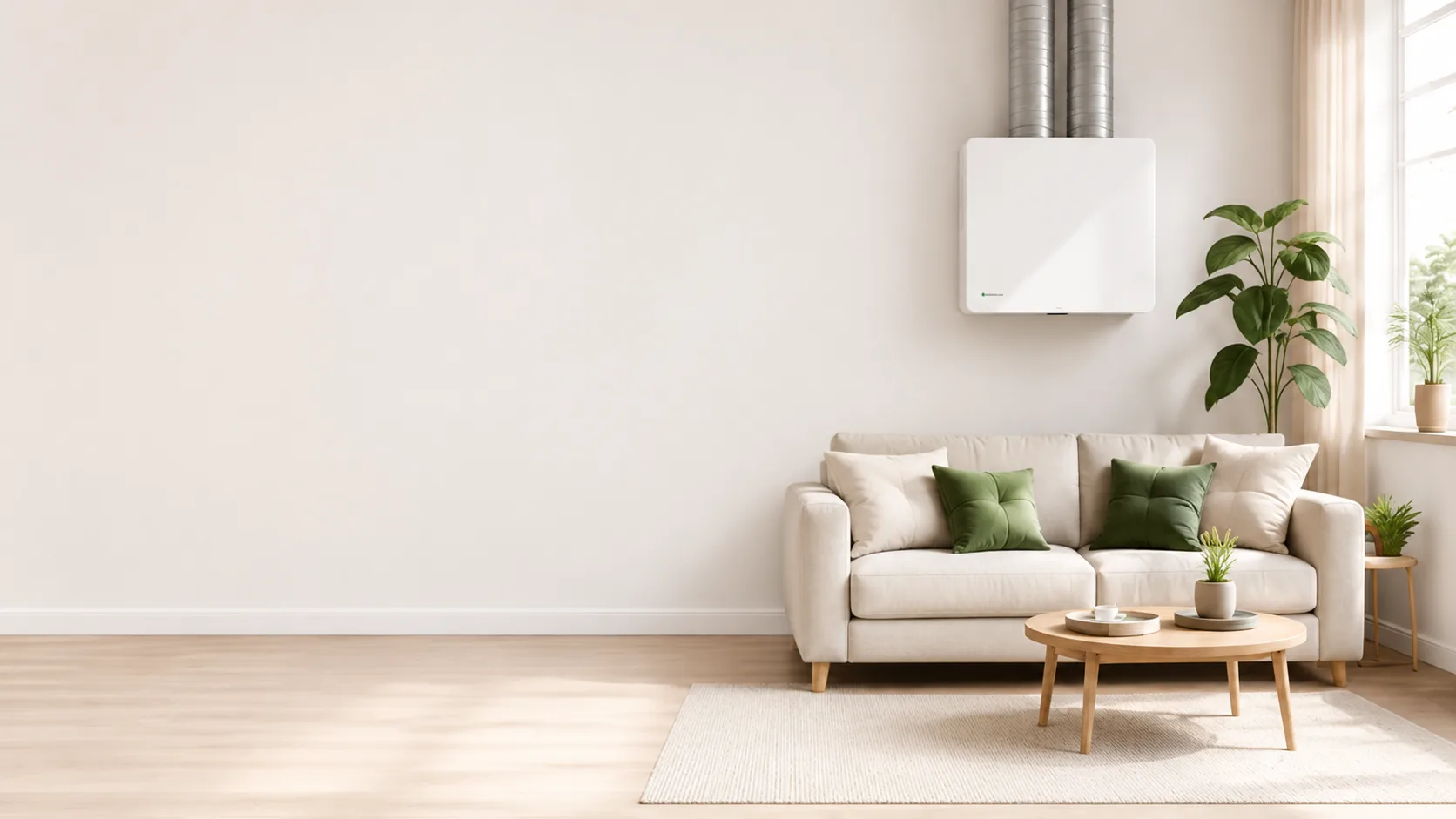 Licht interieur met een WTW-unit aan de wand