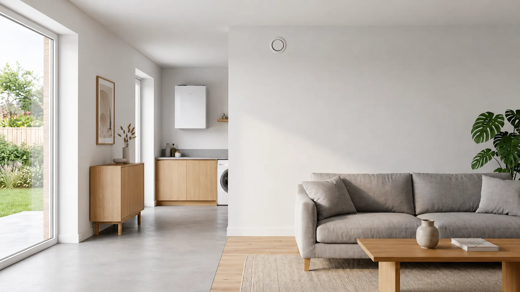 Mechanische ventilatie met warmteterugwinning in een moderne woonkamer