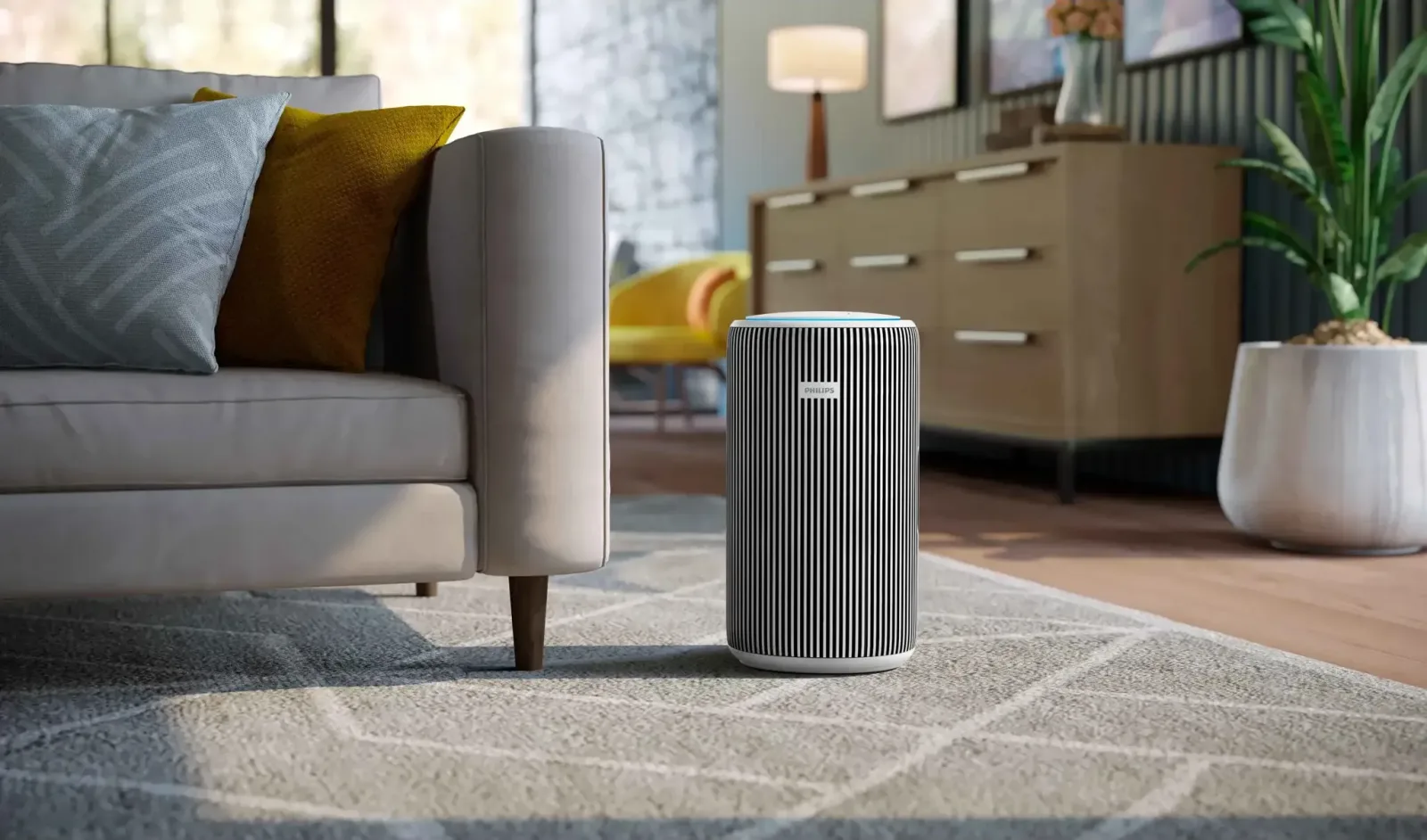 Philips-luchtreiniger in een lichte woonkamer